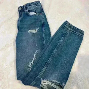 Zara Jeans‎ Womens 0 Blue Denim Premium Distressed Straight Leg Cotton Skater